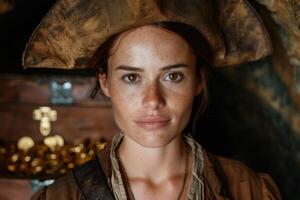 Rugged woman with intense gaze in rustic setting photo