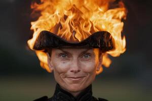 woman with fiery hair and intense expression photo
