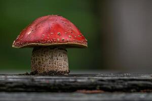 Close up of a red mushroom growing on a wooden surface photo