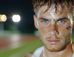 Intense gaze of a determined man with wet hair and freckles photo