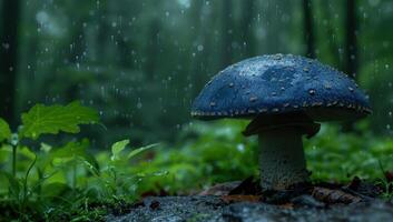 Rainy day in the forest with a mushroom photo