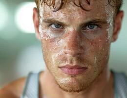 Closeup portrait of a sweaty man with intense expression photo