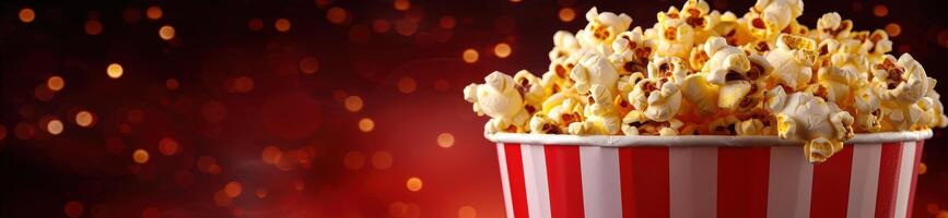 Delicious popcorn in a striped container on a blurred background photo