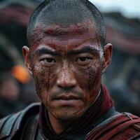 Intense warrior with face paint and scars photo