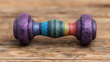 Colorful exercise dumbbell on wooden floor photo