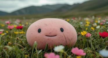Smiling potato in a field of colorful flowers photo
