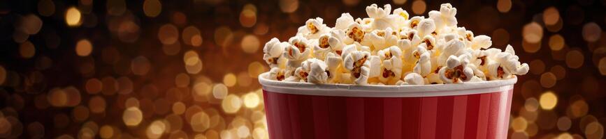 Delicious freshly popped popcorn in a red and white striped container photo
