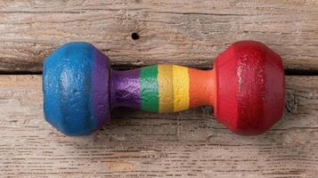 Colorful dumbbells on wooden background photo