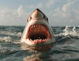Fearsome shark with open mouth emerging from ocean photo
