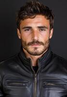 Handsome man with beard wearing leather jacket photo