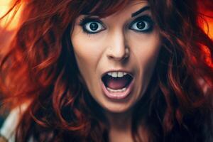 Dramatic portrait of a woman with vibrant red hair and intense expression photo