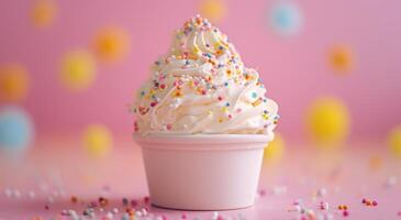 Colorful sprinkled ice cream cone on pink background photo