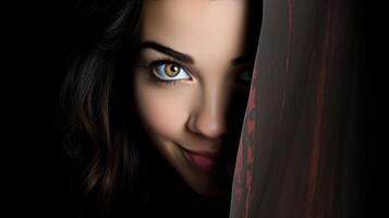 Mysterious woman with striking eyes peering from the shadows photo