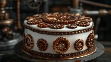 Intricate steampunk inspired cake with gears and cogs photo