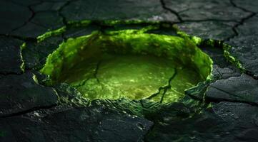 Vibrant green moss growing on dark rocks photo