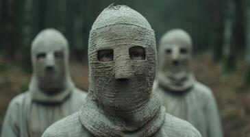 Mysterious hooded figures in the woods photo