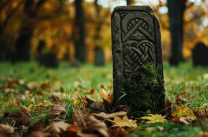 ancient nordic rune stone in autumn forest photo