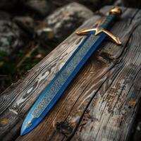 Ornate fantasy sword on weathered wooden surface photo