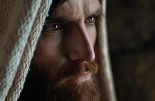 Pensive man with beard gazing intently photo