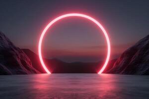 Glowing red circle over serene lake and mountains photo