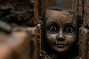 Creepy old doll with dark eyes in abandoned building photo