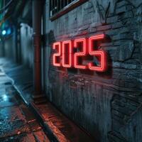Neon sign displaying the year 2025 on a grungy urban wall photo