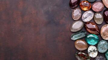Assortment of colorful gemstones and crystals on dark background photo