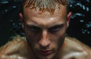 Intense close up of a wet and determined man photo