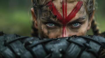 Intense military soldier with face paint and weapon photo