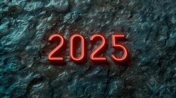 Glowing red neon numbers 2025 on a textured stone background photo