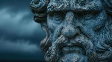 Weathered stone face sculpture with a pensive expression photo