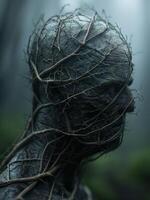 Twisted and tangled branches in a dark, moody forest photo