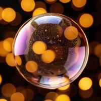 Sparkling glass sphere with colorful bokeh lights photo