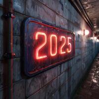 Glowing neon sign on a grungy concrete wall photo