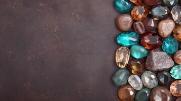 Assortment of colorful gemstones and rocks on dark background photo
