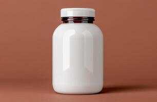 white plastic bottle with red cap on brown background photo