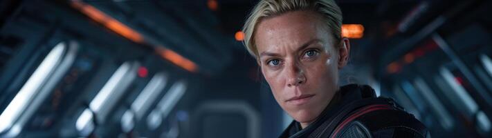 Determined female pilot in cockpit of futuristic spacecraft photo