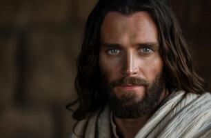 Intense gaze of a bearded man with long dark hair photo