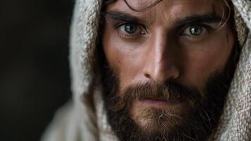 Intense gaze of a bearded man with piercing eyes photo