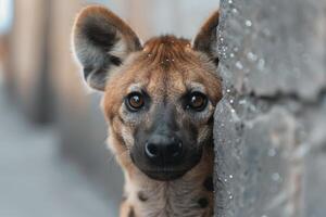 Curious dog peeking out from behind icy wall photo