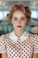 Retro styled woman with red lips and curled hair photo