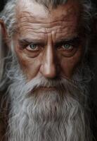 Weathered face of an elderly man with a long, white beard photo