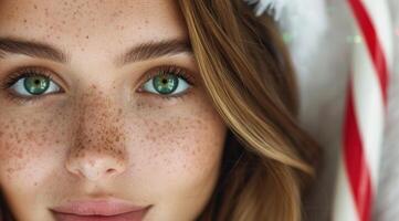 Close up portrait of a young woman with freckles and green eyes photo