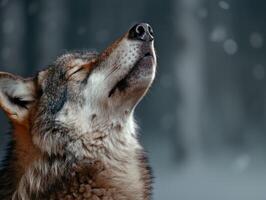 close up of a wolf howling in the dark photo