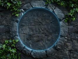 Mystical glass orb surrounded by ivy on stone wall photo