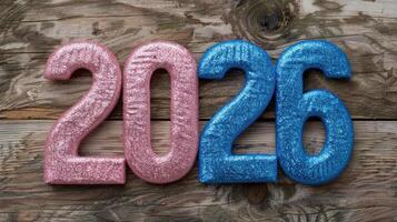 new year 2026 glitter numbers on wooden background photo