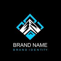 A simple rectangular logo with a mountain silhouette in the middle. vector