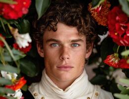 portrait of a man with curly hair surrounded by flowers photo