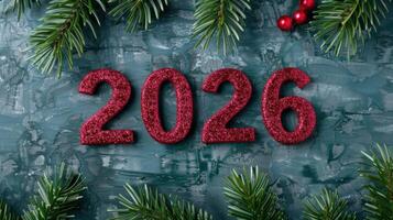 new year 2026 glitter numbers with pine branches photo