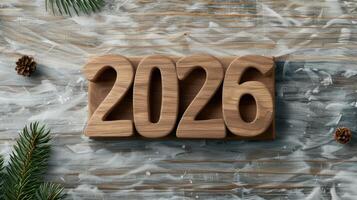 new year 2026 wooden numbers on rustic background photo